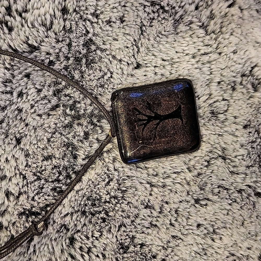 Glass Pendant Tree Cord Necklace Black & Bronze, New without Tags
